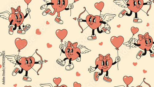 Retro style seamless pattern of pink heart characters with wings bows and arrows acting as Cupids on a beige background.