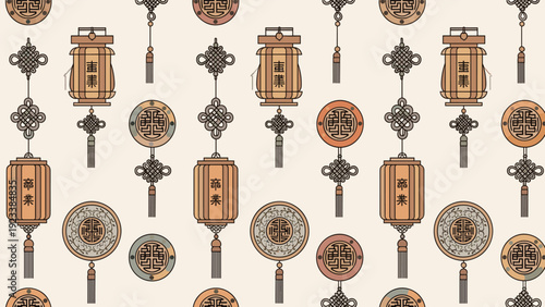Ornate seamless pattern of traditional Asian lanterns knots and circular talismans in earth tones on a light beige background.