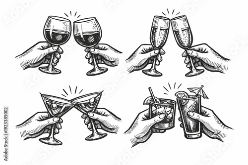 Hand drawn chalk cheers. Hands with wine, champagne glass, cocktails drawings for wedding invitations, menus and parties. Doodle art template. Clipart vintage ink doodle sketch style
