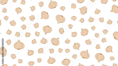 Seamless pattern of various sized garlic bulbs scattered randomly on a plain white background for culinary themes.