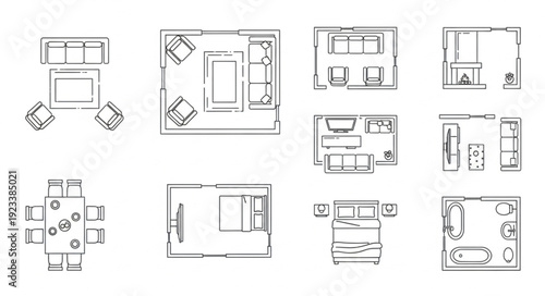 Collection of black and white floor plan layouts for rooms.