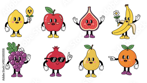 Collection of various fruit characters with funny faces and limbs including lemon apple fig banana grape and orange.