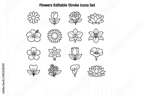 Flowers editable stroke outline icons set isolated flat vector illustration.