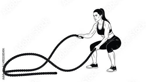 Fitness woman performing a high-intensity battle rope workout is depicted in a detailed black and white line art illustration on a white background.