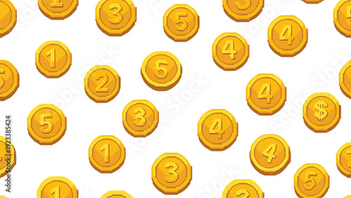 Seamless background pattern consists of various gold coins featuring numbers and dollar signs to represent wealth, gaming currency, or financial success.