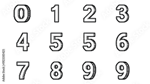 Grid of 3D-style numbers from zero to nine in black and white are shown as a versatile graphic set for math, countdowns, or numbering systems.