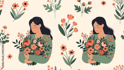 Seamless pattern features a woman hugging a beautiful bouquet of peach flowers amidst a floral garden, representing self-love and gentle beauty.