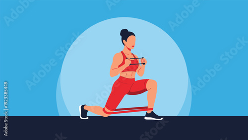 Athletic woman performs a reverse lunge using a resistance band on a blue background as part of a fitness training session for leg strength.