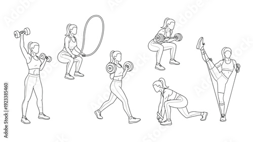 Collection of women performing various gym exercises like weightlifting, jumping rope, and stretching are shown in clean black and white line art.