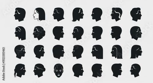 Collection of Diverse Human Head Silhouettes Facing Right.
