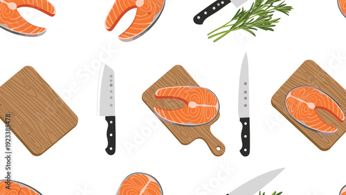 Seamless pattern depicts fresh salmon steaks placed on wooden cutting boards alongside kitchen knives and rosemary sprigs for a gourmet cooking theme.