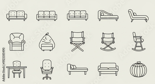 Collection of Various Furniture Icons in Line Art Style.
