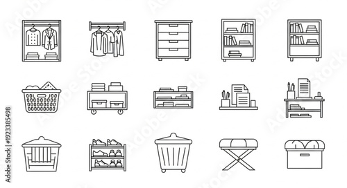 Collection of hand-drawn icons representing furniture and storage solutions.