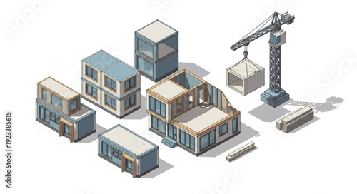 3D Rendering of Construction Site Buildings.