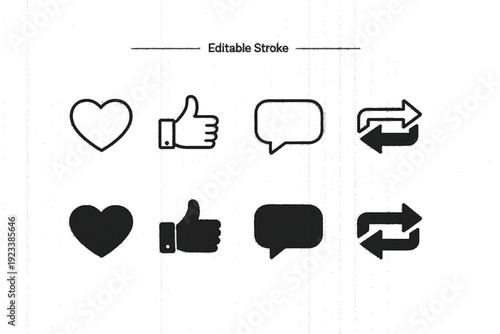 Like, comment, and share icon in line design. Love, Thumbs up, speech bubble, and arrow repost Editable stroke, Solid & outline sign symbol for social media.