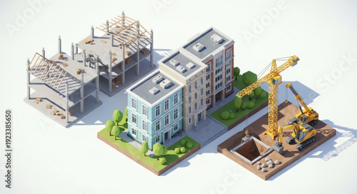 3D Rendering of Construction Site Buildings.