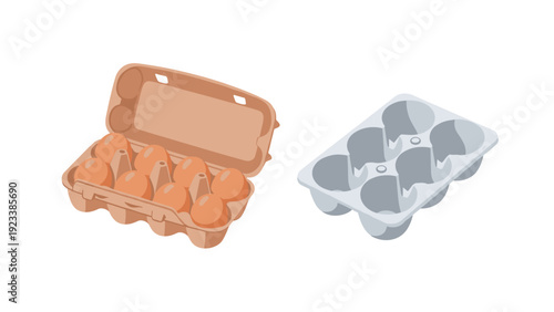 Two egg cartons are presented together, one containing several brown eggs and another empty grey tray, illustrating grocery shopping or food storage.