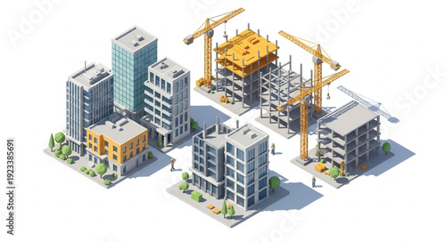 3D Rendering of Construction Site Buildings.