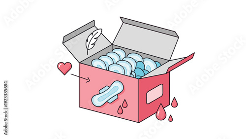 Open pink box of sanitary pads is shown with decorative hearts, a feather, and red droplet icons to represent feminine hygiene and period care products.