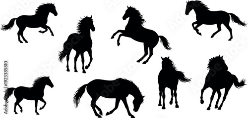 Collection of eight black horse silhouettes in various poses