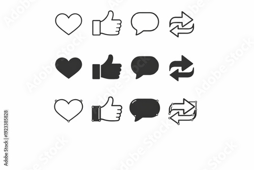 Like, love, thumbs up, comment, share, speech bubble, and arrow repost icon in line design solid & outline sign symbol. Social media icons set