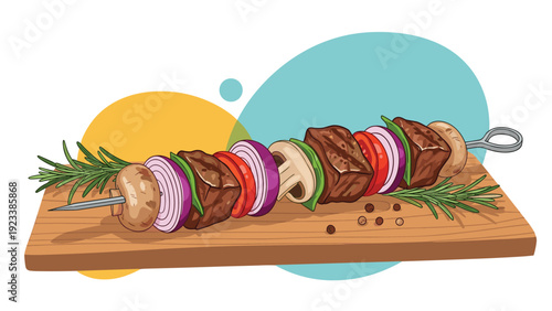 Grilled meat and vegetable kebab skewer is presented on a wooden board with rosemary sprigs and peppercorns for an appetizing barbecue theme.