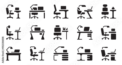 Office chair and desk workplace silhouette vector icon collection simple black isolated