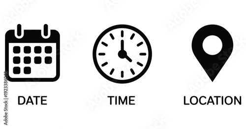 Date Time Location Vector Icon Collection with Interface Elements, Appointment Markers, Calendar Symbols, Map Pointers, Navigation Icons, Event Planning Graphics, and User Interface Design