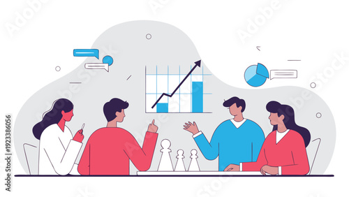 Diverse business team planning and analyzing strategy with chess pieces and charts during an office meeting.