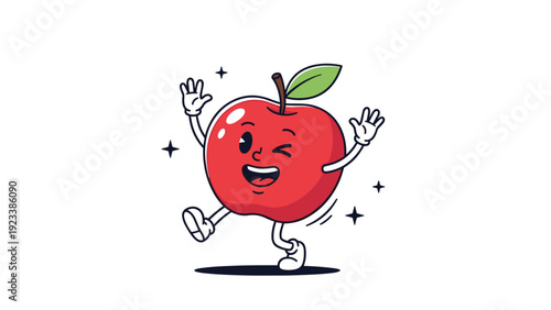 Retro-style red apple character is shown dancing joyfully with a winking face and stars, creating a fun and healthy mascot for nutrition themes.