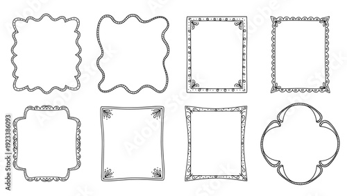 Collection of eight decorative hand-drawn frames in various shapes and border styles are presented as a versatile graphic design toolkit for artists.