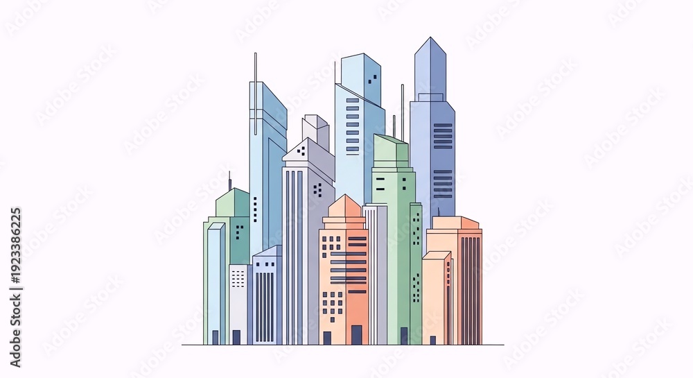 Obraz premium Modern city skyline illustration with a diverse collection of architectural structures, showcasing a vibrant urban landscape in a clean, minimalist style