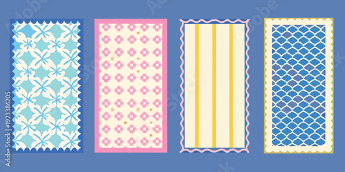 Four decorative rug designs with varying patterns and pastel colors