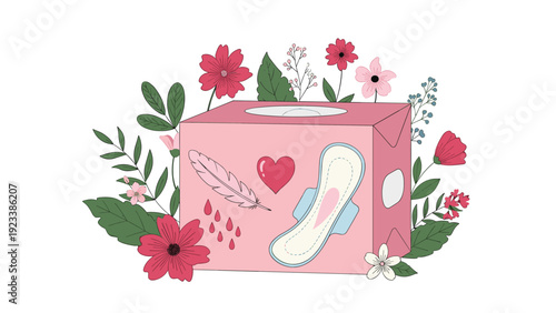Pink box of sanitary napkins is beautifully decorated with various flowers, a heart, and a feather to promote feminine hygiene and period health.