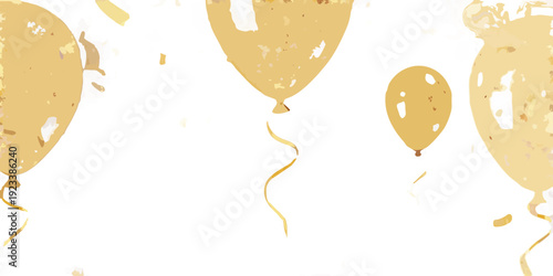 Golden balloons float against a dark textured background