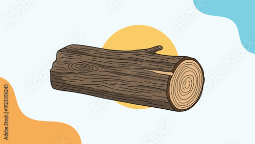 Realistic illustration of a thick tree log with visible growth rings and bark is set against a stylized background with orange and blue shapes.