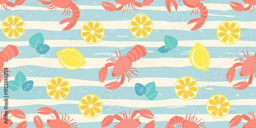 A playful pattern featuring lobsters lemons and citrus fruits