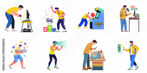 Collection of flat illustrations depicting various aspects of modern digital life, including gaming, esports, virtual reality, live streaming, game development, and digital trading.