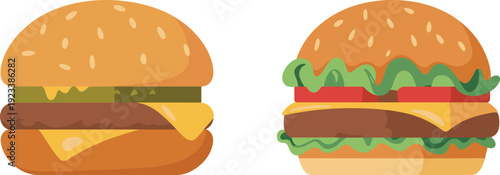 Cheeseburger vector illustration, delicious fast food hamburger with lettuce tomato pickles melted cheese sesame bun isolated