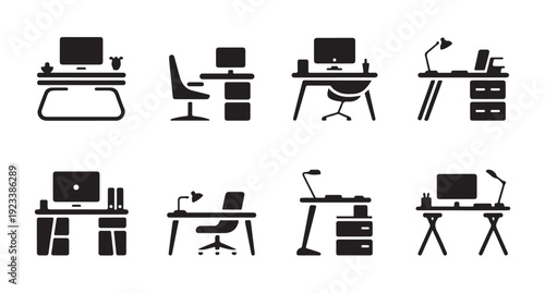 Modern office desk with computer and chair for workspace vector silhouette