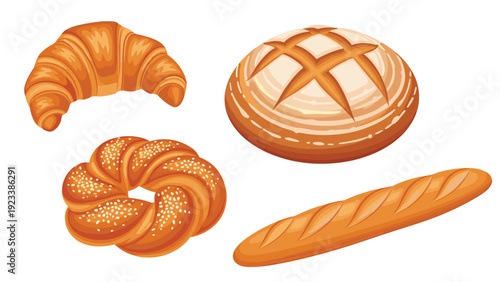 Assortment of fresh bakery products including a croissant, round loaf, pretzel, and baguette on a plain white background.