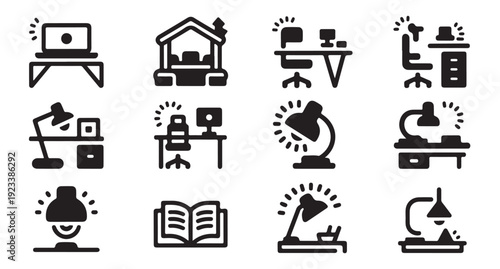 Collection of home office icons including desk, laptop, and computer vector