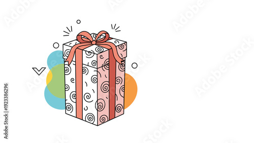 Decorative gift box with a pink ribbon and spiral patterns surrounded by abstract colorful shapes on a white background.