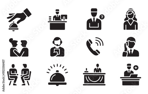 Hotel service and assistance icon set. collection of reception, bellboy, and customer support symbols