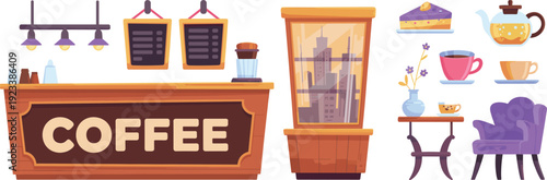 Flat cartoon coffee shop interior illustration, cafe counter with menu board, window city view, teapot cups cake and armchair