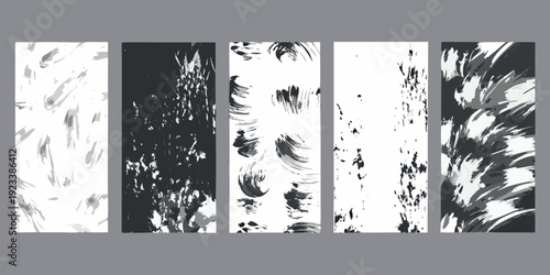 Abstract black and white brushstroke panels arranged in a horizontal sequence