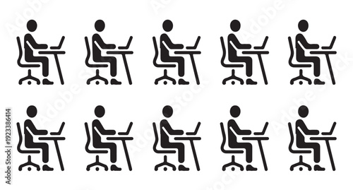 Profile view of office employees sitting at desks working on laptops in a row icon pattern