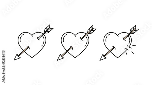 Group of three hand-drawn heart icons each pierced by a feathered arrow symbolizing love and romantic attraction.
