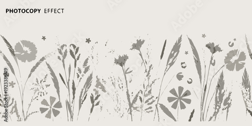 Photocopy effect image displaying stylized floral and plant life