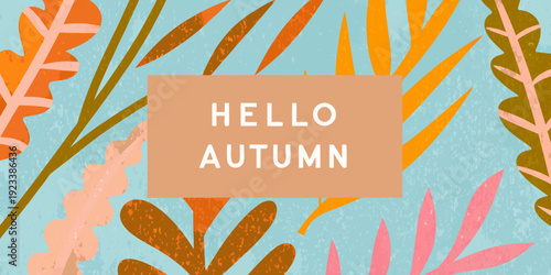 A colorful autumn greeting with leaves and a central text label